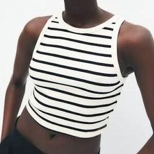 H&M Women’s Black and White Striped Sleeveless Cotton Cropped Tank Top Plus XXL